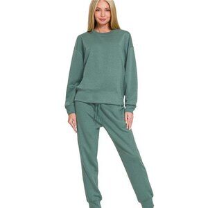 Zenana Scuba Crewneck Pullover & Joggers 2 Pieces Set